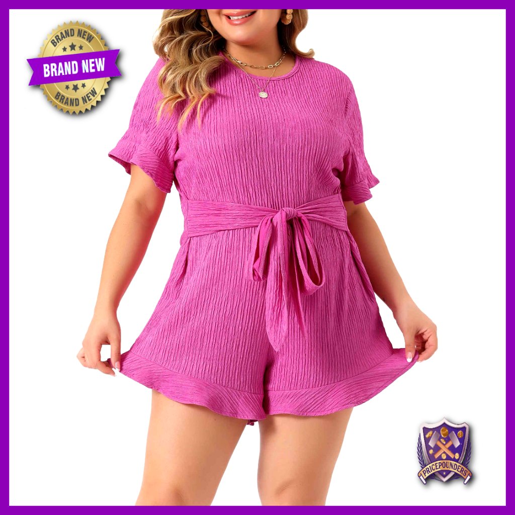 Plus Size Romper Short Sleeve Ruffle Front Tie Waist Zipper Back Summer Jumpsuit